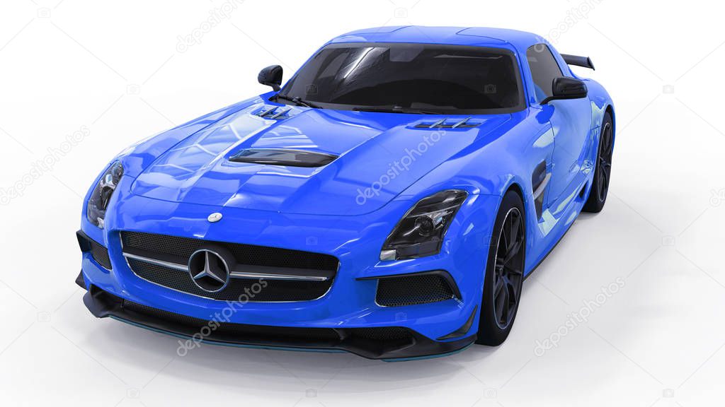 Mercedes-Benz SLS blue. Three-dimensional raster illustration. Isolated car on white background. 3d rendering