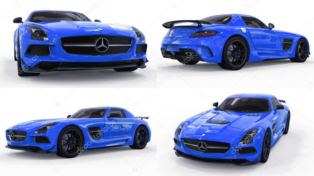 Set Mercedes-Benz SLS blue. Three-dimensional raster illustration. Isolated car on white background. 3d rendering