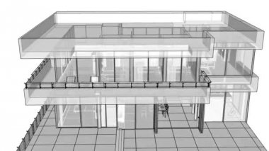 Bir bölge ve bir yüzme havuzu ile bir konut yapı inşaatı. şeffaf duvarlar içeren satırları olarak 3 boyutlu grafikleri