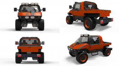 Set special all-terrain vehicle for difficult terrain and difficult road and weather conditions. 3d rendering. clipart