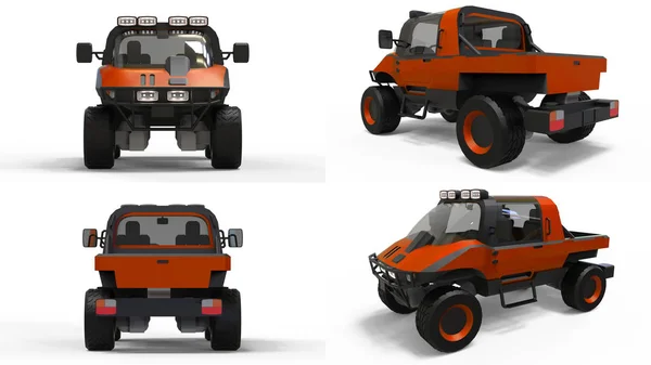 困難な地形と困難な道と気象条件の特別な全地形車両を設定します。3 d レンダリング. — ストック写真
