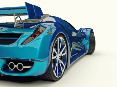 Mavi yarış konsept otomobil. Bir araba üzerinde beyaz bir arka plan görüntüsü. 3D render.