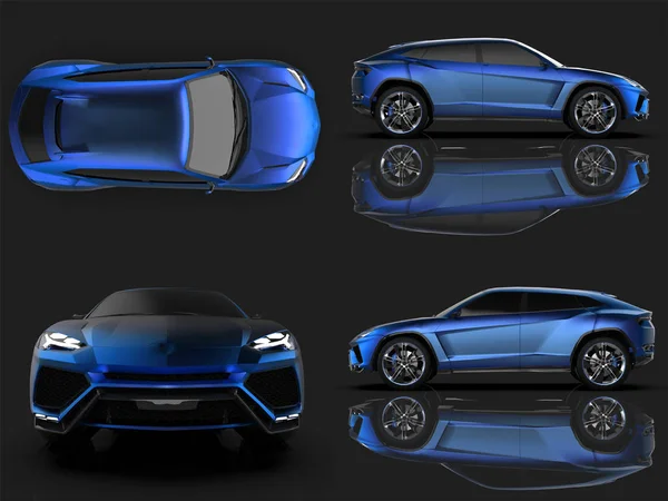 En yeni spor dört tekerlekten çekiş mavi sigorta primi crossover yansıtıcı bir zemin siyah bir stüdyoda. 3D render. — Stok fotoğraf