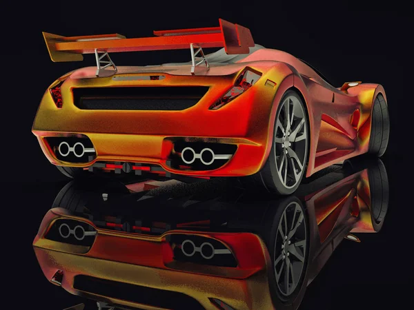 Yarış konsept otomobil. Bir araba parlak siyah bir arka plan görüntüsü. 3D render. — Stok fotoğraf