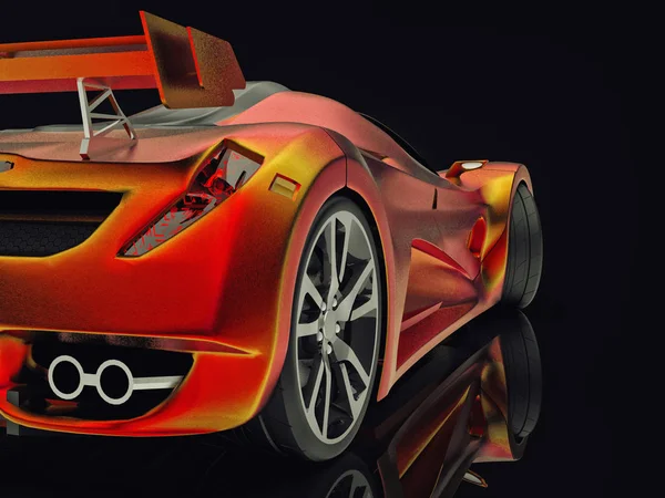 Samochód koncepcyjny wyścigów. Zdjęcie samochodu na czarnym tle błyszczący. renderowania 3D. — Zdjęcie stockowe