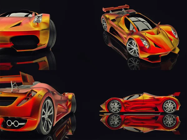 Yarış konsept otomobil ayarlayın. Bir araba parlak siyah bir arka plan görüntüsü. 3D render. — Stok fotoğraf