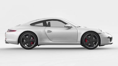 Porsche 911'i üç boyutlu raster resimde beyaz bir arka plan üzerinde beyaz. 3D render.