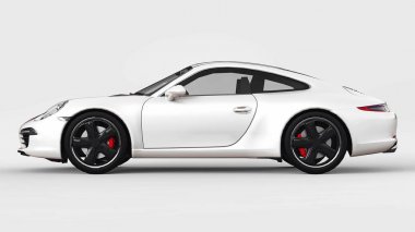 Porsche 911'i üç boyutlu raster resimde beyaz bir arka plan üzerinde beyaz. 3D render.