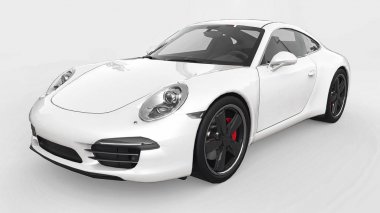 Porsche 911'i üç boyutlu raster resimde beyaz bir arka plan üzerinde beyaz. 3D render.