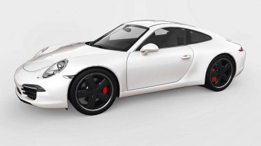 Porsche 911'i üç boyutlu raster resimde beyaz bir arka plan üzerinde beyaz. 3D render.