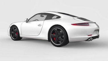 Porsche 911'i üç boyutlu raster resimde beyaz bir arka plan üzerinde beyaz. 3D render.