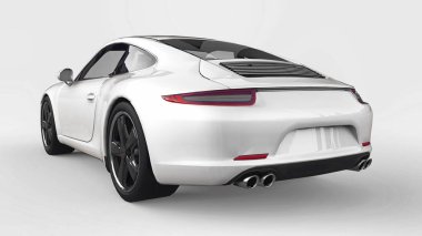 Porsche 911'i üç boyutlu raster resimde beyaz bir arka plan üzerinde beyaz. 3D render.