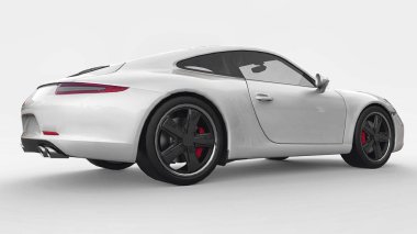 Porsche 911'i üç boyutlu raster resimde beyaz bir arka plan üzerinde beyaz. 3D render.