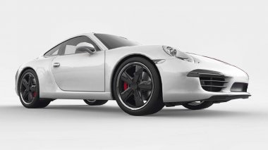 Porsche 911'i üç boyutlu raster resimde beyaz bir arka plan üzerinde beyaz. 3D render.