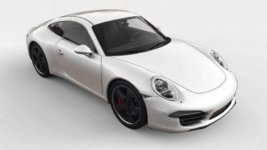Porsche 911'i üç boyutlu raster resimde beyaz bir arka plan üzerinde beyaz. 3D render.