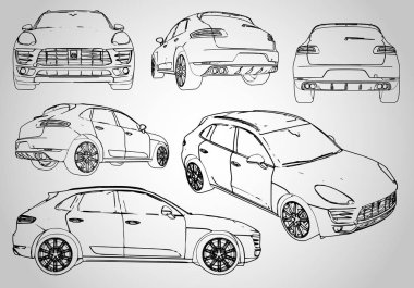 Bir dizi çeşitli anahat illüstrasyonlar bir SUV. Vektör çizim.