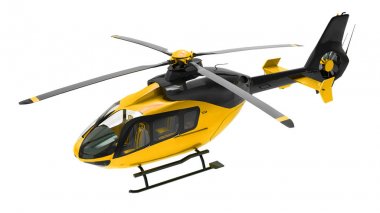Beyaz arka plan üzerinde izole sarı helikopter. 3D çizim.