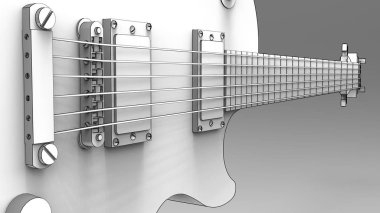 Gri arka plan üzerine siyah çizgili beyaz elektro gitar. 3D render.