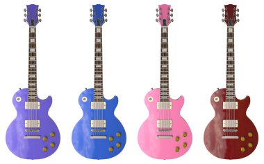 4 renk şık elektrik gitar beyaz arka plan üzerinde ayarlayın. 3D render.