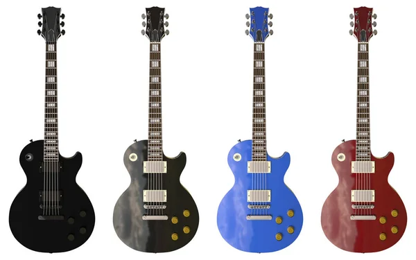 Set von 4 farbigen stilvollen E-Gitarren auf weißem Hintergrund. 3D-Darstellung. — Stockfoto