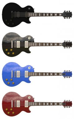 4 renk şık elektrik gitar beyaz arka plan üzerinde ayarlayın. 3D render.