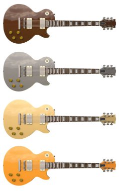 4 renk şık elektrik gitar beyaz arka plan üzerinde ayarlayın. 3D render.