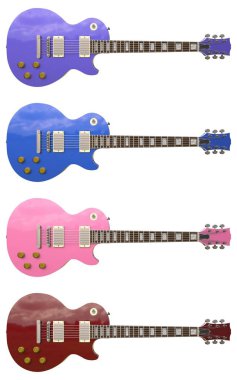 4 renk şık elektrik gitar beyaz arka plan üzerinde ayarlayın. 3D render.