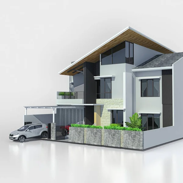 Maison moderne avec garage sur fond blanc. Rendu 3d . — Photo