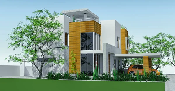 Nowoczesny dom z garażem trawnik z mini ogród. renderowania 3D. — Zdjęcie stockowe