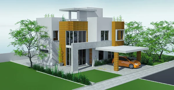 Nowoczesny dom z garażem trawnik z mini ogród. renderowania 3D. — Zdjęcie stockowe