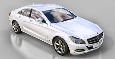 Gri bir arka plan üzerinde beyaz Mercedes Benz Cls Coupe. 3D render.