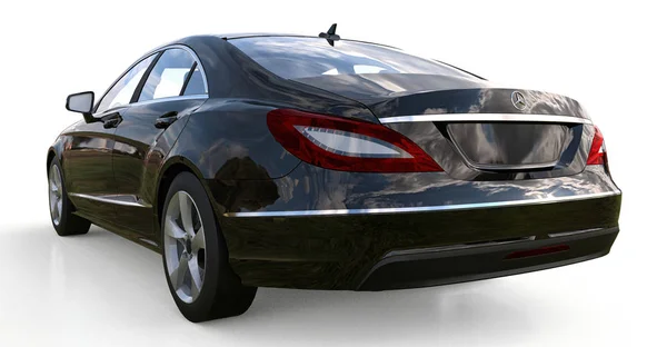 Schwarzes Mercedes Benz CLS Coupé auf weißem Hintergrund. 3D-Darstellung. — Stockfoto