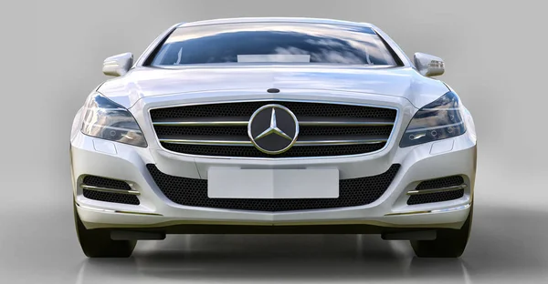 White Mercedes Benz CLS Coupe on a gray background. 3d rendering. — Stock Photo, Image