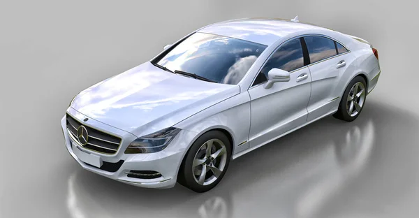 Mercedes Benz CLS Coupe blanco sobre fondo gris. renderizado 3d . — Foto de Stock