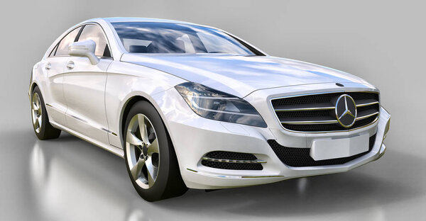 White Mercedes Benz CLS Coupe on a gray background. 3d rendering.
