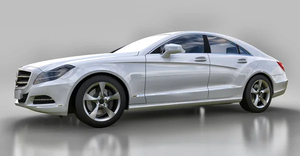 Branco Mercedes Benz CLS Coupe em um fundo cinza. Renderização 3d . — Fotografia de Stock