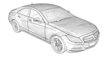 Üç boyutlu, şeffaf Illustration dağılımı satırlarla Mercedes Benz Cls coupe. 3D render.