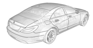 Üç boyutlu, şeffaf Illustration dağılımı satırlarla Mercedes Benz Cls coupe. 3D render.