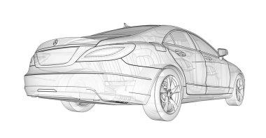 Üç boyutlu, şeffaf Illustration dağılımı satırlarla Mercedes Benz Cls coupe. 3D render.