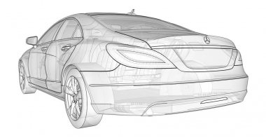 Üç boyutlu, şeffaf Illustration dağılımı satırlarla Mercedes Benz Cls coupe. 3D render.