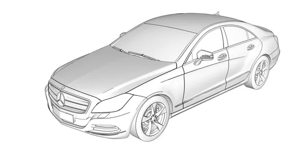 Three-dimensional schematic illustration of a raster with contour lines of Mercedes Benz CLS coupe. 3d rendering. — Stock Photo, Image