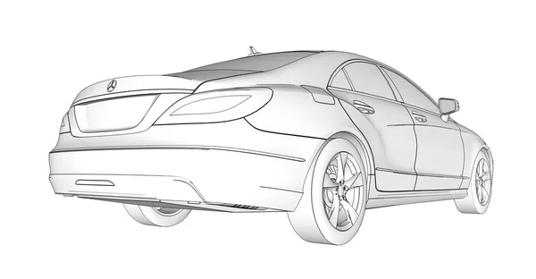 Ilustración esquemática tridimensional de un raster con líneas de contorno de cupé Mercedes Benz CLS. renderizado 3d . — Foto de Stock