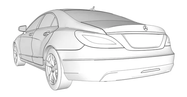 Ilustración esquemática tridimensional de un raster con líneas de contorno de cupé Mercedes Benz CLS. renderizado 3d . — Foto de Stock