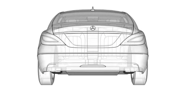 Three-dimensional, transparent illustration with contour lines of Mercedes Benz CLS coupe. 3d rendering. — Stock Photo, Image