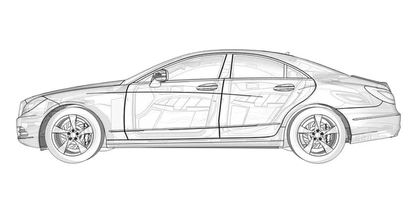 Illustration tridimensionnelle transparente avec lignes de contour du coupé Mercedes Benz CLS. Rendu 3d . — Photo