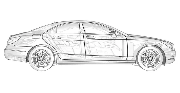 Tredimensionell, transparent illustration med konturlinjer av Mercedes Benz Cls coupe. 3D-rendering. — Stockfoto