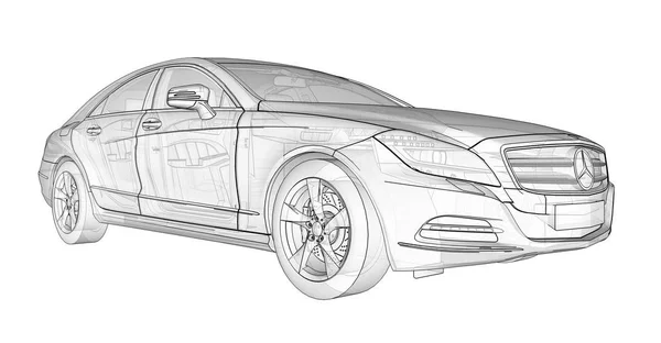 Tredimensionell, transparent illustration med konturlinjer av Mercedes Benz Cls coupe. 3D-rendering. — Stockfoto