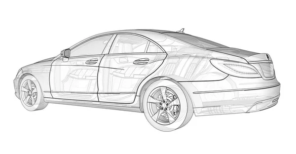 Tredimensionell, transparent illustration med konturlinjer av Mercedes Benz Cls coupe. 3D-rendering. — Stockfoto