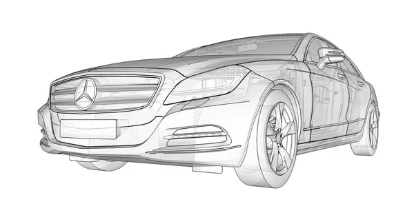 Ilustración tridimensional y transparente con líneas de contorno de Mercedes Benz CLS coupé. renderizado 3d . — Foto de Stock