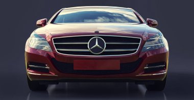 Gri bir arka plan üzerinde kırmızı Mercedes Benz Cls Coupe. 3D render.